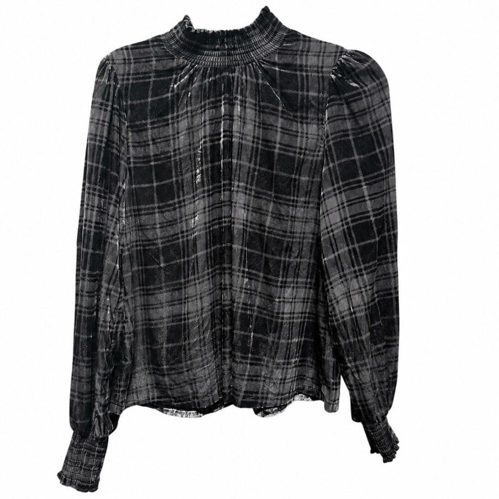 Evereve Blouse Women's Small Mockneck Ruched Velvet Plaid Dark Academia